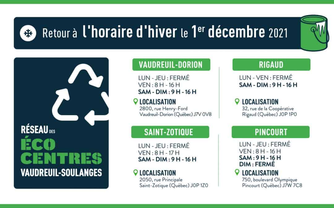 Retour à l’horaire d’hiver pour le Réseau des écocentres de la MRC de Vaudreuil-Soulanges