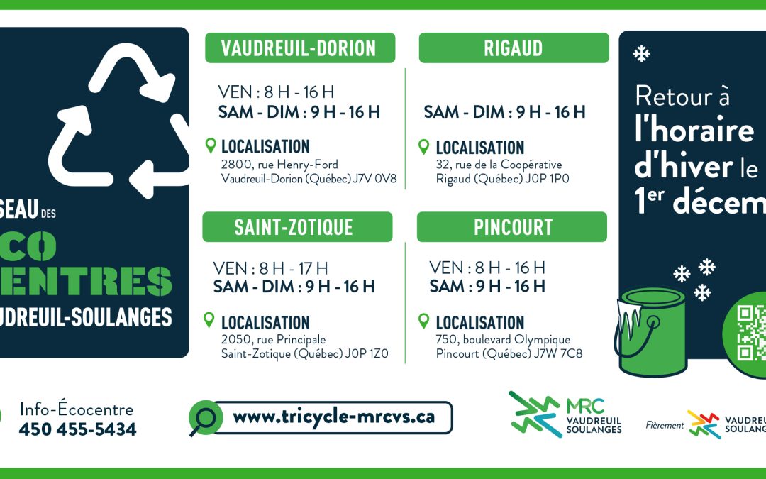 Retour à l’horaire d’hiver du Réseau des écocentres de la MRC de Vaudreuil-Soulanges