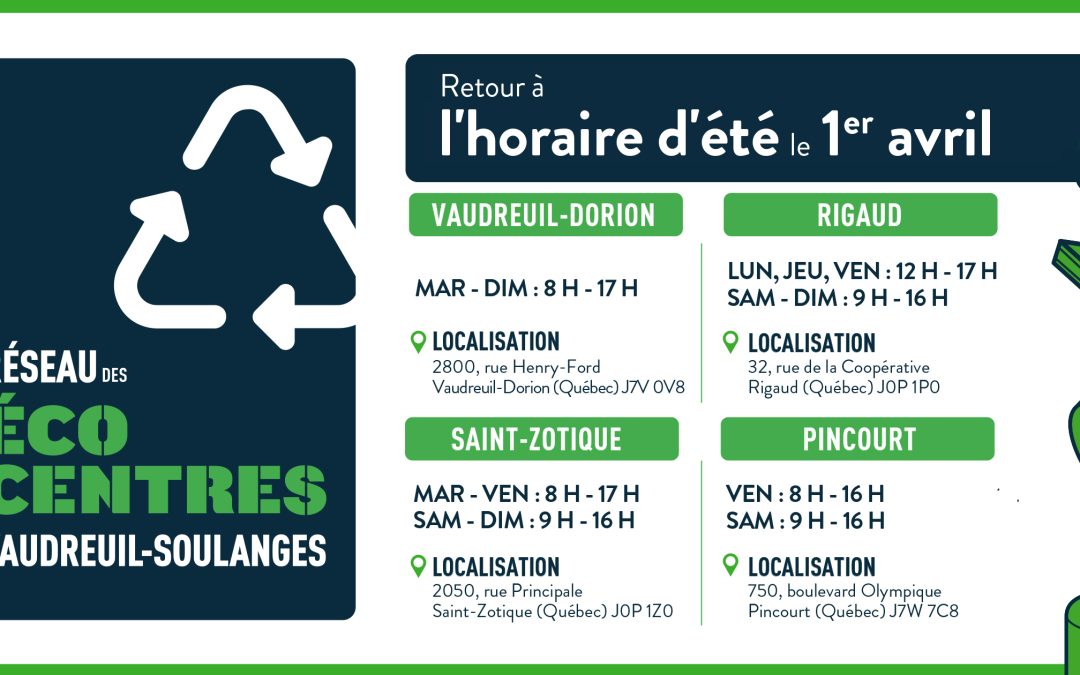 Retour à l’horaire d’été du Réseau des écocentres de la  MRC de Vaudreuil-Soulanges